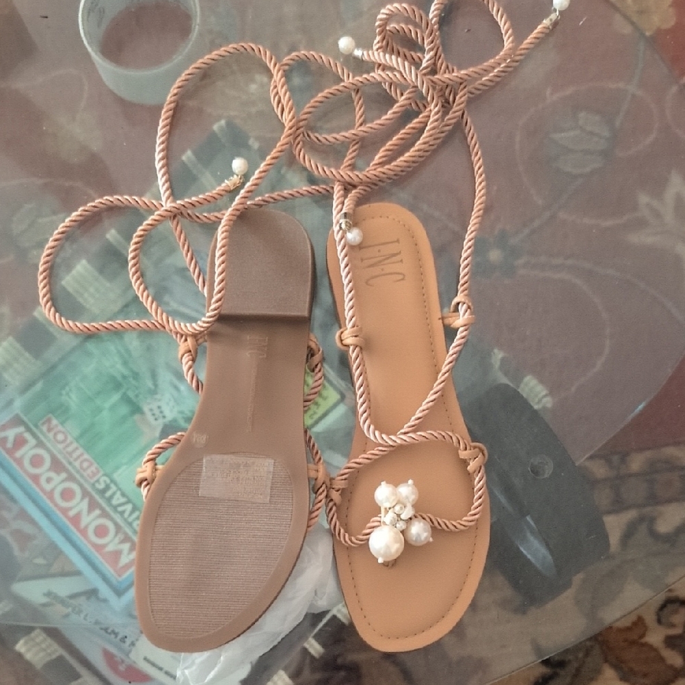 INC International Concepts Brown Sandals with Pearl Accents